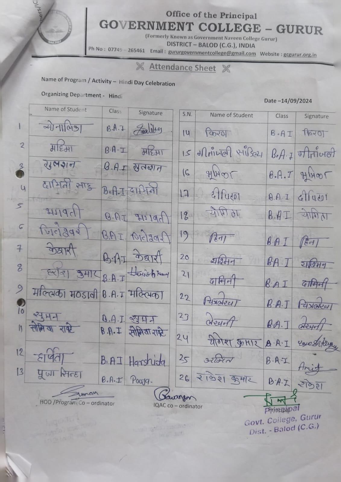 National hindi day - Photo Govt. college Gurur