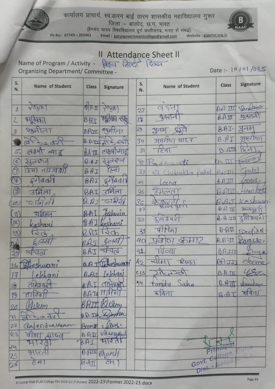 World hindi day - Photo Govt. college Gurur